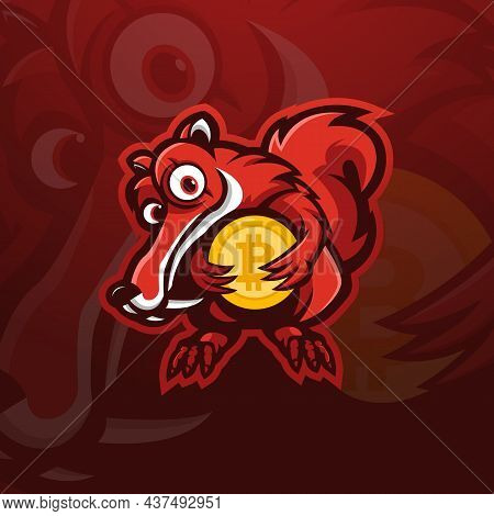 Squirrel Holding Bitcoin Mascot Logo Design Illustration Vector
