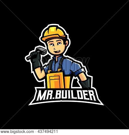 Mr Builder Mascot Logo Design Illustration Vector. Construction Worker Mascot Design For Constructio