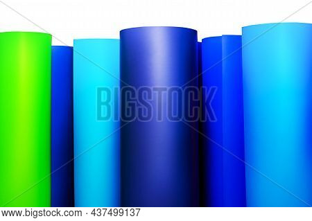 Plotter Film In Rolls. Outdoor Advertising Material, Self-adhesive Film, Blue And Green.
