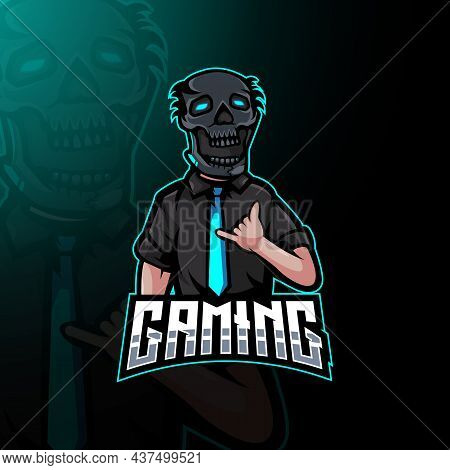 Guy With A Tie Wearing A Skull Mask For Gaming