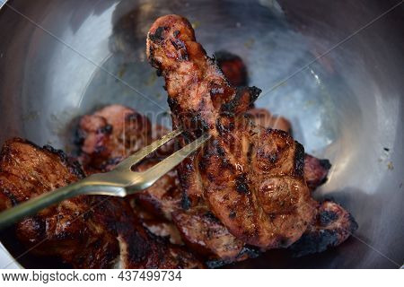 Delicious Steak Perfectly Cooked On Grill. Cooking Meat On The Grill. Fried Food Over Charcoal. Barb