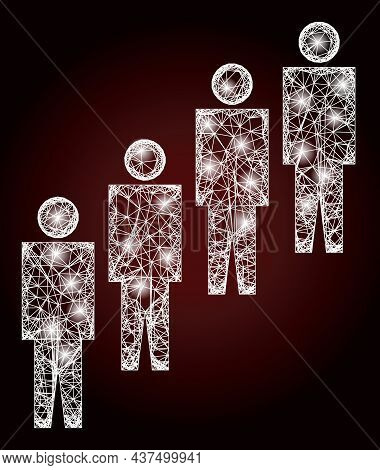 Bright Crossing Mesh People Queue With Glowing Spots On A Dark Red Gradient Background. Vector Carca