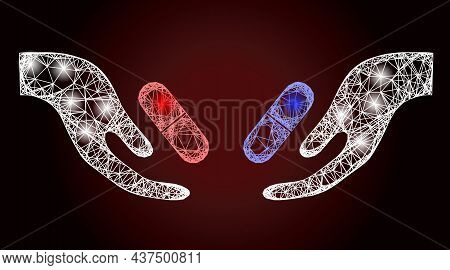 Sparkle Wire Frame Pill Choice Hands With Lightspots On A Dark Red Gradient Background. Vector Grid 
