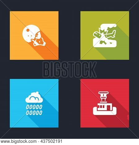 Set Modern Pilot Helmet, Plane Crash, Cloud With Rain And Airport Control Tower Icon. Vector