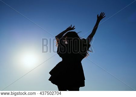 Attractive Caucasian Elegant Girl In Dress Dancing During Sunset Or Woman Performing Modern Dance Ou