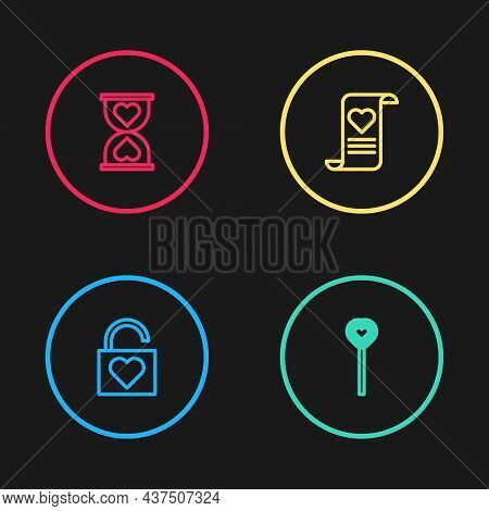Set Line Lock And Heart, Lollipop, Envelope With Valentine And Heart The Center Hourglass Icon. Vect