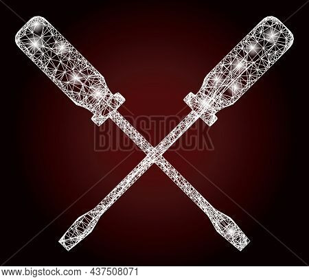 Glowing Wire Frame Screwdrivers With Glowing Spots On A Dark Red Gradiented Background. Vector Carca