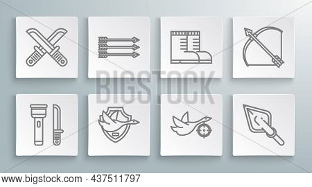 Set Line Flashlight And Knife, Hipster Arrows, Flying Duck On Shield, Hunt With Crosshairs, Tip, Hun