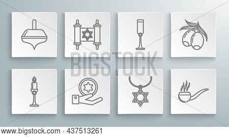 Set Line Burning Candle In Candlestick, Torah Scroll, Jewish Coin On Hand, Star Of David Necklace Ch