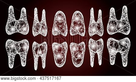 Illuminated Crossing Mesh Teeth Jaw With Light Spots On A Dark Red Gradiented Background. Vector Fra