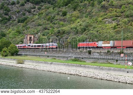 Sankt Goarshausen, Germany - 09 30 2021: Two Trains In Mittelrheintal