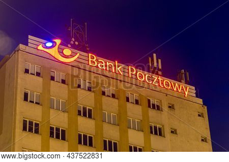 Bydgoszcz, Poland - July 25, 2021: Illuminated Of Bank Pocztowy Sa.