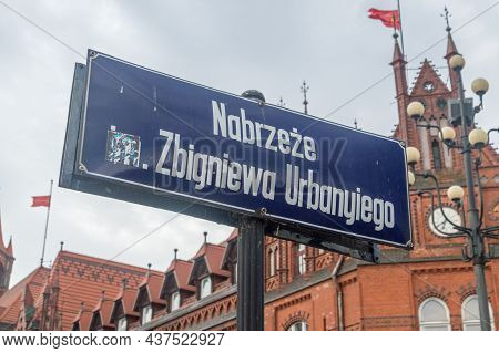 Bydgoszcz, Poland - July 25, 2021: Sign Zbigniew Urbanyi ​quay (nabrzeze Im. Zbigniewa Urbanyiego) O