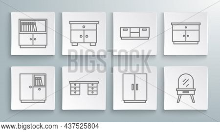 Set Line Wardrobe, Furniture Nightstand, Office Desk, Dressing Table, And Library Bookshelf Icon. Ve