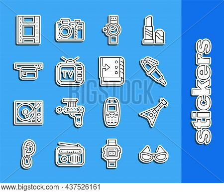 Set Line Glasses, Electric Bass Guitar, Fountain Pen Nib, Wrist Watch, Retro Tv, Waist Bag Of Banana