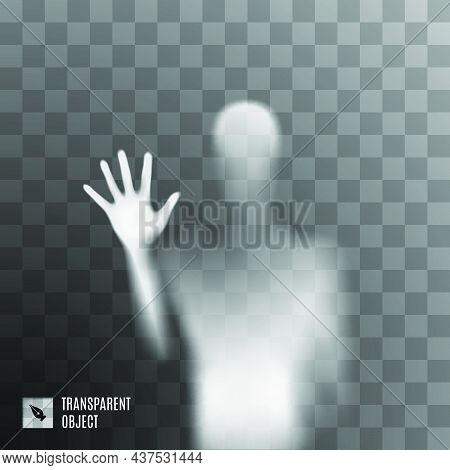 Shadow Blur Of Horror Man Behind The Matte Glass. Blurry Hand, Body Figure Abstraction, And One Palm