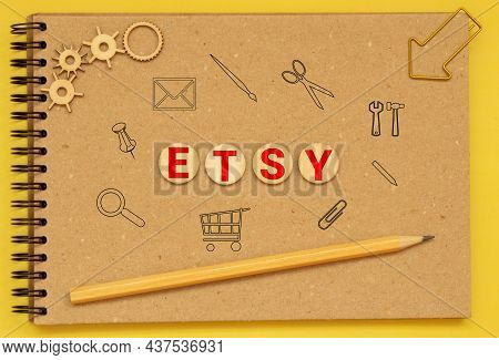Word Etsy On Wooden Block, Busines Concept, Cardboard Word Etsy.