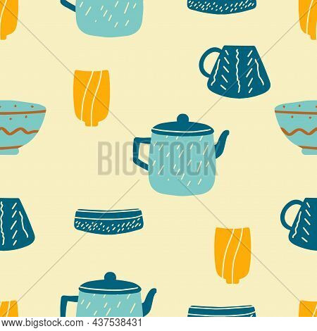 Set Of Ceramic Tableware With Design Elements. Collection For Tea Drinking And Delicious Dishes. Tea