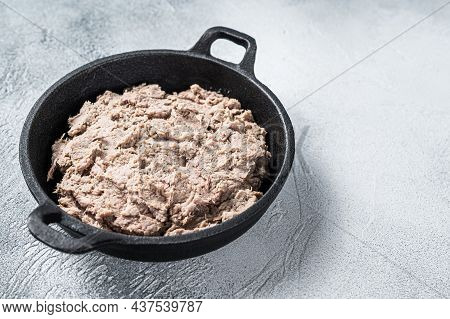 Duck Rillettes De Canard In A Pan. White Background. Top View. Copy Space