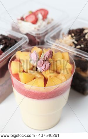 Apple Mousse With Strawberry Jam Filling And Apple Slices Decorated With Rose Buds. Autumn Comfort F