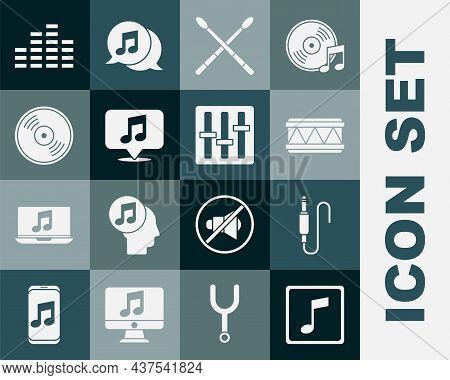 Set Music Note, Tone, Audio Jack, Drum, Sticks, Musical In Speech Bubble, Vinyl Disk, Equalizer And 