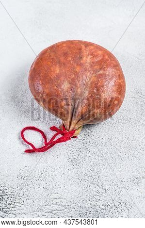 Sobrassada Cured Meat Sausage From Ground Pork, Paprika And . White Background. Top View