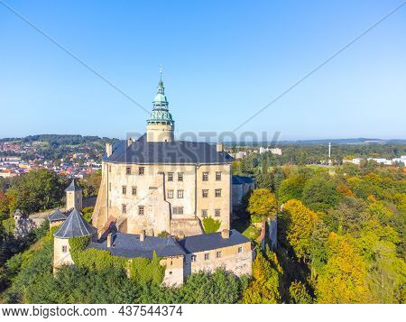 Chateau And Castle Frydlant On Sunny Autumn Day. Frydlant V Cechach, Czech Republic. Aerial View Fro