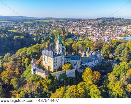 Chateau And Castle Frydlant On Sunny Autumn Day. Frydlant V Cechach, Czech Republic. Aerial View Fro