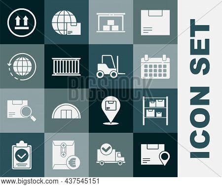 Set Location With Cardboard Box, Warehouse, Calendar, Container, Worldwide Shipping And, This Side U