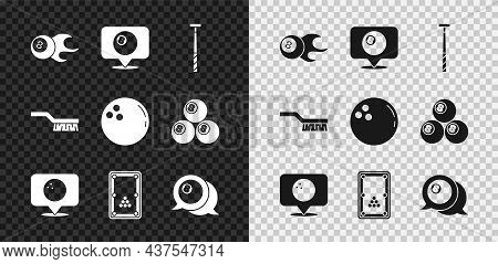 Set Billiard Ball, Location With Billiard, Cue, Bowling, Table, Pool Brush And Bowling Icon. Vector