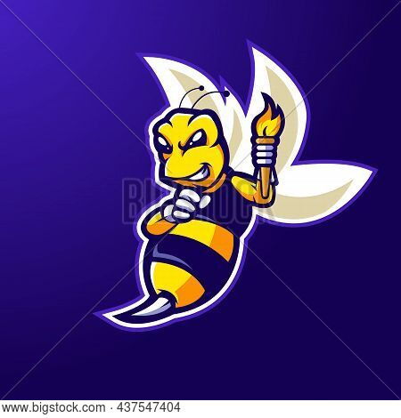 Bee Cartoon Mascot Logo Design Vector. Illustration Of A Bee Carrying A Torch