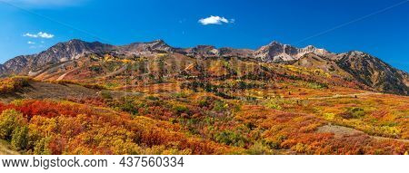 Panoramic view of Snow basin landscape in Utah. Brilliant fall foliage around Mt Ogden peaks. Two image stitch. 