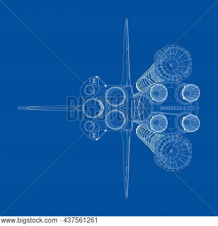 Rocket Carrying Space Shuttle. Vector Rendering Of 3d. Wire-frame Style. Elements Of This Image Furn