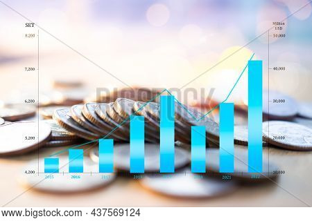Comparison Bar Chart Numeric Data Stock Market With Blur Coin Cash And Bokeh Background. Plan Invest