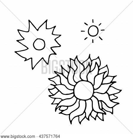 Space Doodle Set. Hand Drawn Sun Isolated On White Background. Outline Astronomical Object. Sunny Da