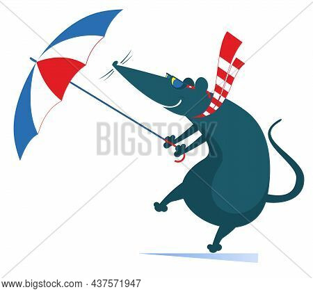 Windy Day And Rat Or Mouse With Umbrella Illustration. Cartoon Rat Or Mouse With An Umbrella Stays O