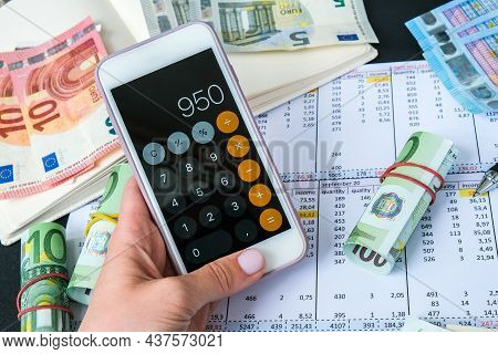 Kiev, Ukraine - May, 2021. Millennial Candid Authentic Female Hands Counting Money Euros. Businesswo