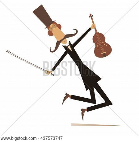 Cartoon Long Mustache Violinist Illustration. 
Smiling Mustache Man In The Top Hat With Violin And F
