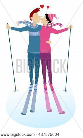 Heart Symbols And Kissing Skier Man And Skier Woman Illustration. 
Skier Man And Skier Woman Fall In