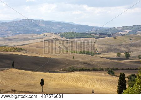 Val D' Orcia (si), Italy - August 05, 2021: Val D' Orcia Landscape, Tuscany, Italy