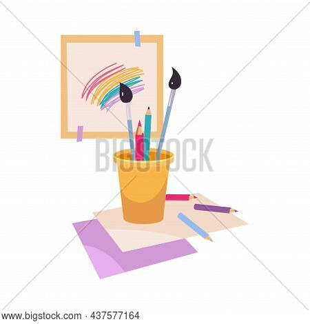 Paper, Colored Pencils And Brush As Kids Toy Vector Illustration