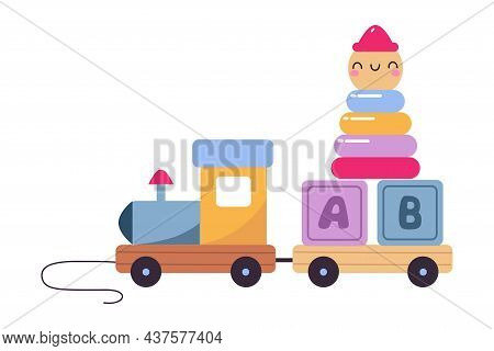 Wooden Train With Abc Blocks And Pyramid As Colorful Kids Toy Vector Illustration