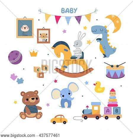 Colorful Kids Toys With Rocking Horse, Stuffed Teddy Bear And Train Vector Set