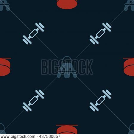 Set Hockey Puck, Badminton Shuttlecock And Dumbbell On Seamless Pattern. Vector