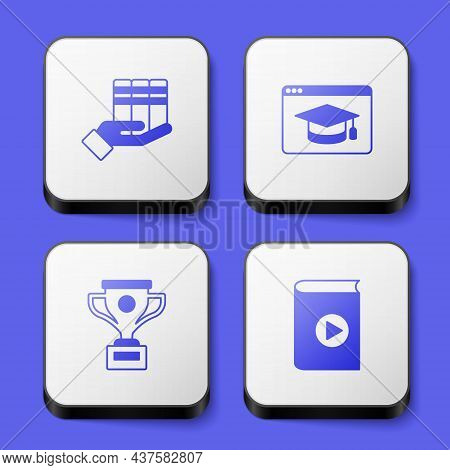 Set Book Donation, Online Education, Award Cup And Audio Book Icon. White Square Button. Vector