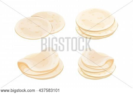 Set Lavash, Tortilla. Mexican Cuisine Ingredient In Cartoon Style Isolated On White Background. Fast