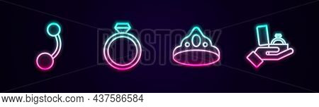 Set Line Piercing, Diamond Engagement Ring, King Crown And Box. Glowing Neon Icon. Vector
