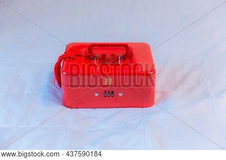Chinese Style Safe Furniture For Wedding. Luxury Red Handle Box On Wood Table. Jewelry Box. Red Box.
