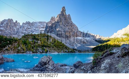 The Frozen Sorapiss Lake And Majestic Dolomites Alp Mountains, Province Of Belluno, Italy