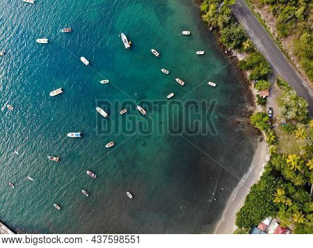 Guadeloupe Beach Drone View. Harbor Bay Aerial View In Marigot.